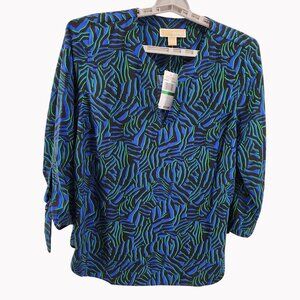 Michael Kors Womens L Blouse Blue Green Zebra Print Top New Animal Pattern